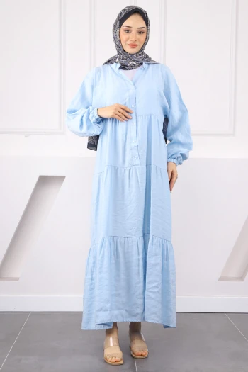 Mavi Yarım Düğmeli Modal Elbise