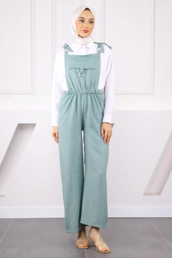 Mint Cep Detaylı Keten Tulum