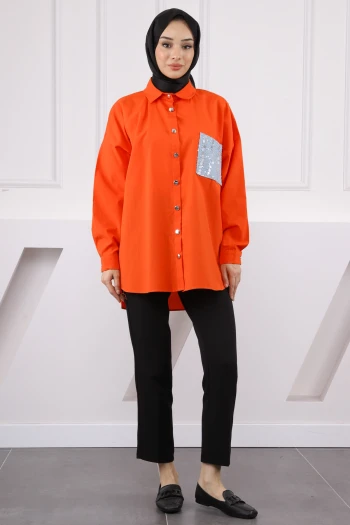 Nar Çiçeği Cebi Pul İşlemeli Oversize Gömlek
