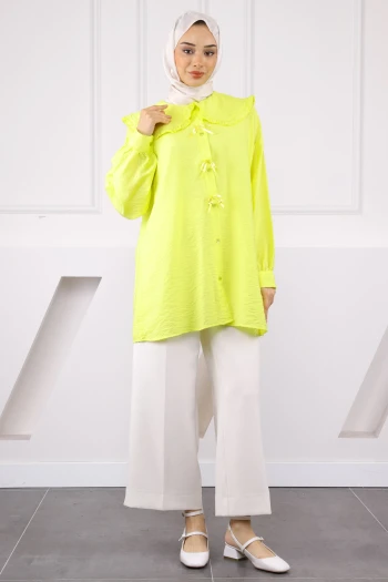 Neon Yeşili Bebe Yaka Fiyonk Detaylı Tunik