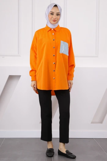Oranj Cebi Pul İşlemeli Oversize Gömlek