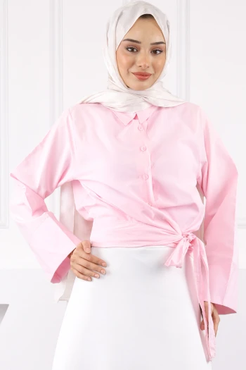 Pembe Bel Bağlamalı Gömlek