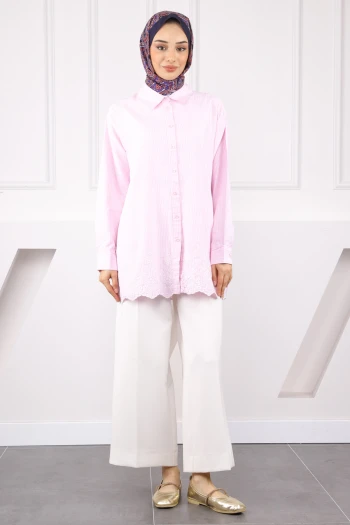Pembe Etek Ucu Nakış İşlemeli Çizgili Gömlek