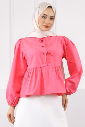 Pembe Kol Lastikli Poplin Gömlek