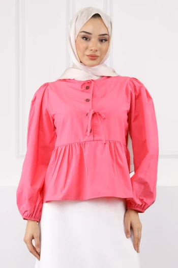 Pembe Kol Lastikli Poplin Gömlek