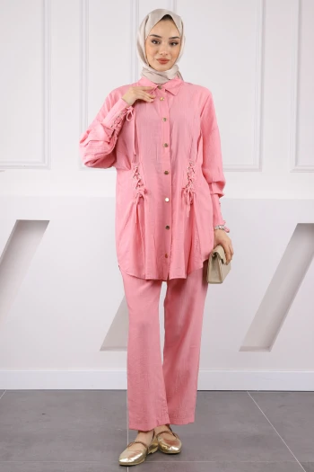 Pembe Kolu Ve Beli Bağcıklı Modal Tunik Pantolonlu Takım