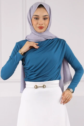 Petrol Mavisi Önü Drapeli Sandy Bluz