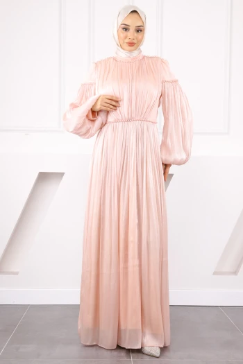 Pudra Balon Kol Piliseli Şifon Abiye