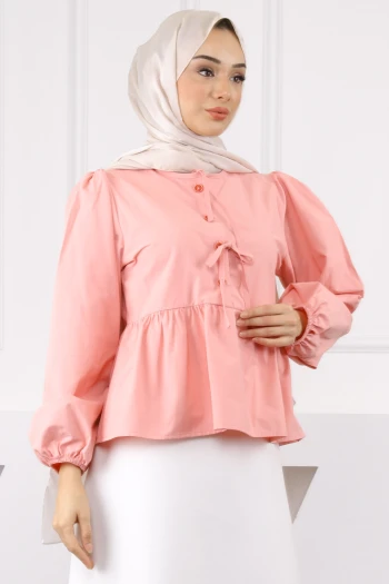 Pudra Kol Lastikli Poplin Gömlek