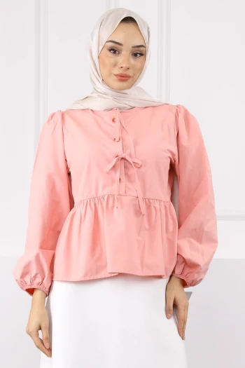 Pudra Kol Lastikli Poplin Gömlek