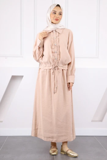 Pudra Önü Fırfırlı Modal Gömlek Etekli Takım