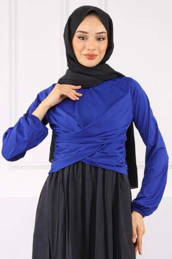 Saks Mavi Çapraz Drape Detaylı Sandy Bluz