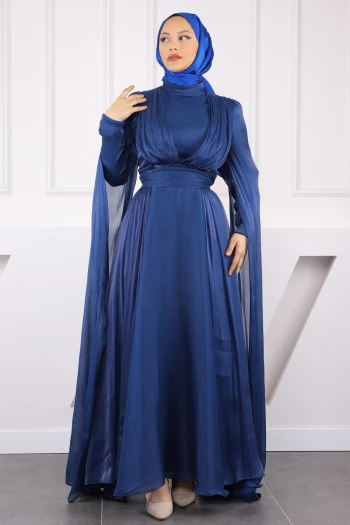 Saks Mavi Omuz Detaylı Drapeli Abiye