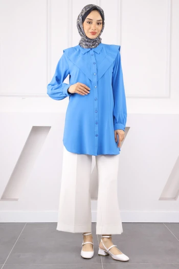 Saks Mavi Ön Detaylı Linda Tunik