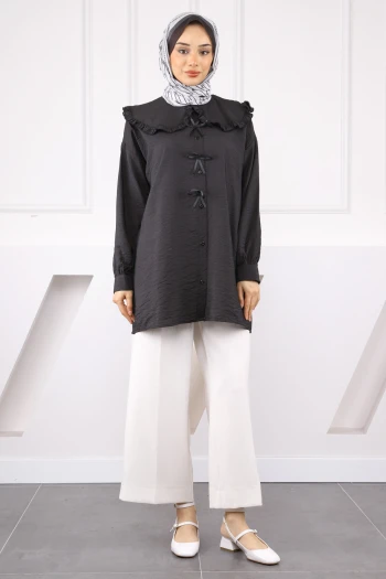 Siyah Bebe Yaka Fiyonk Detaylı Tunik