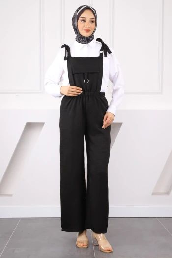 Siyah Cep Detaylı Keten Tulum