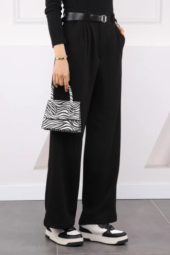 Siyah Çift Pileli Kemerli Likralı Palazzo Pantolon