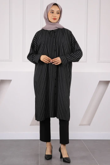 Siyah Çizgili Yırtmaçlı Tunik