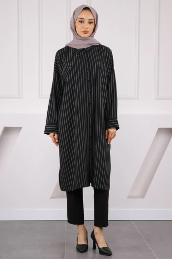 Siyah Çizgili Yırtmaçlı Tunik