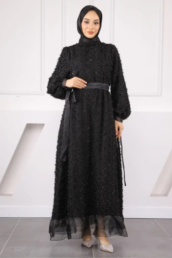 Siyah Kol Bağlamalı Kuşaklı Abiye