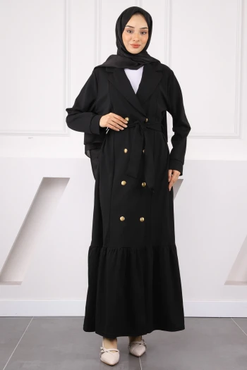 Siyah Ön Düğmeli Bel Kuşaklı Elbise