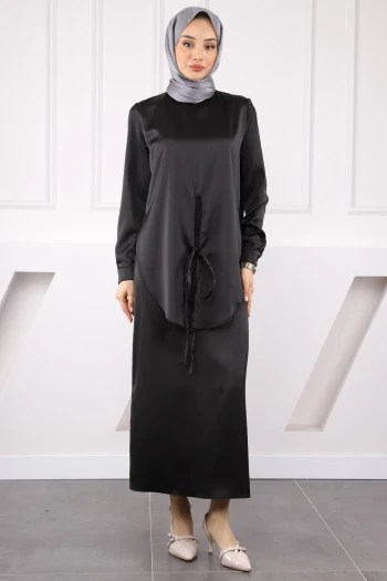 Siyah Önden Bağlamalı Tunik Etekli Saten Takım