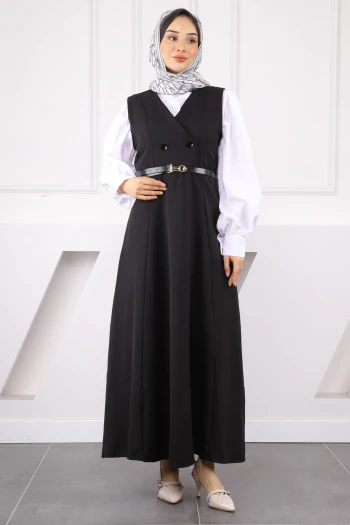 Siyah Önü Düğmeli Kemerli Jile Elbise