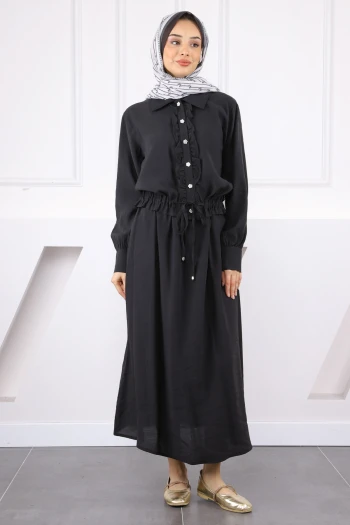 Siyah Önü Fırfırlı Modal Gömlek Etekli Takım