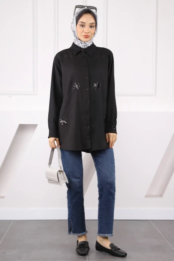 Siyah Pul İşlemeli Gömlek