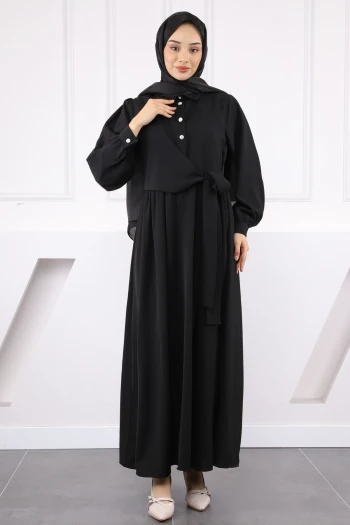 Siyah Yan Bağlamalı Linda Elbise