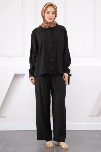 Siyah Yırtmaçlı Tunik Pantolonlu Takım