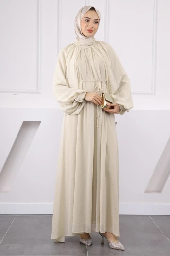 Taş Yaka Büzgülü Kuşaklı Şifon Abiye