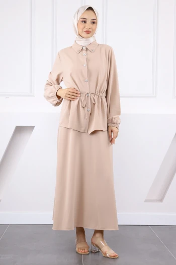 Vizon Bel Bağlamalı Gömlek Etekli Takım