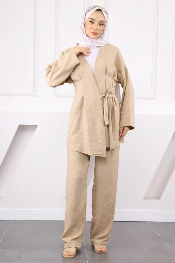 Vizon Çapraz Bağlamalı Keten Kimono Pantolon Takım