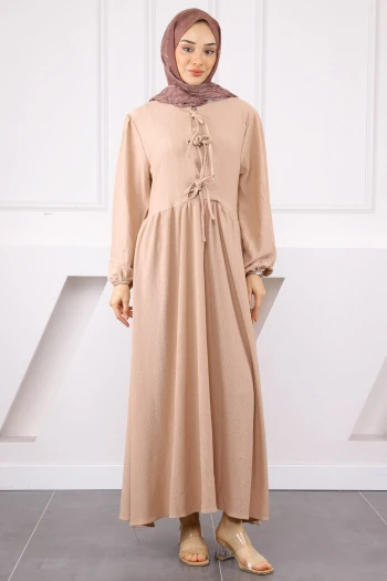 Vizon Kol Lastikli Yaka Bağlamalı Bürümcük Elbise