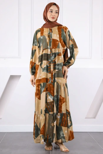 Vizon Yarım Düğmeli Eteği Katlı Elbise