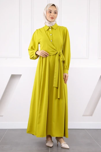 Yağ Yeşili Yan Bağlamalı Linda Elbise