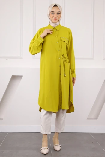 Yağ Yeşili Yan Bağlamalı Linda Tunik