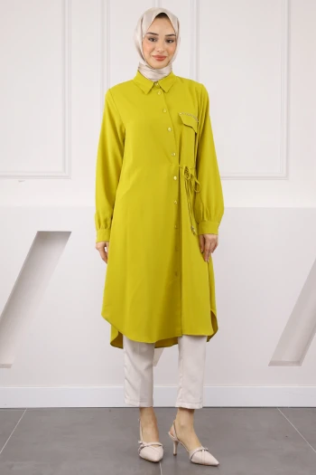 Yağ Yeşili Yan Bağlamalı Linda Tunik