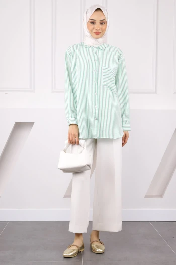 Yeşil Tek Cepli Çizgili Gömlek