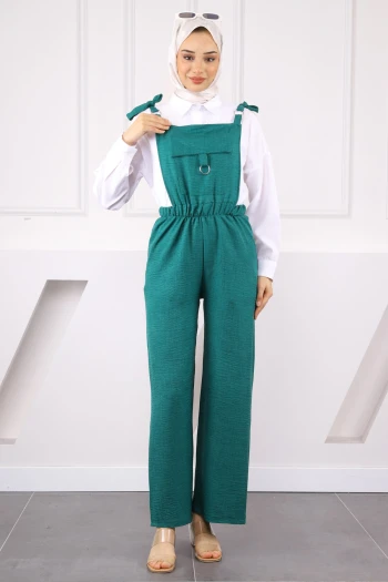 Zümrüt Yeşili Cep Detaylı Keten Tulum