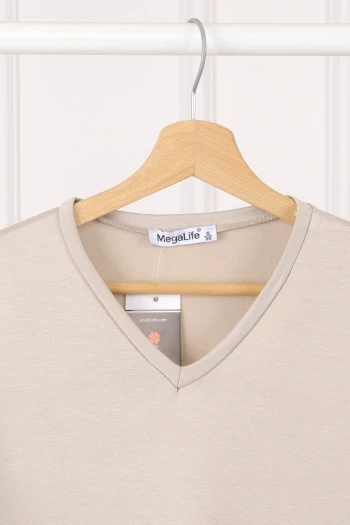 Bej V Yaka Kısa Kol T-Shirt