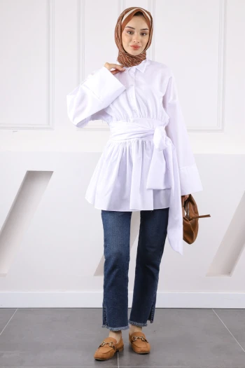 Beyaz Bel Bağlamalı Tunik