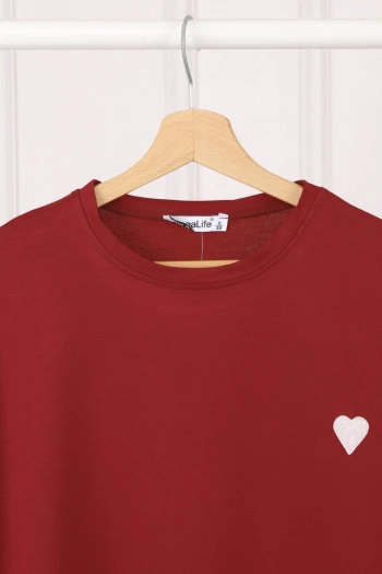 Bordo Nakışlı Kısa Kol Modal T-Shirt