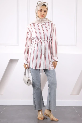 Bordo Taş Detaylı Çizgili Tunik