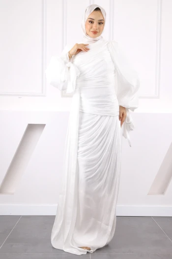 Ekru Önü Büzgülü Şifon abiye