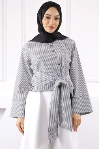 Gri Bel Bağlamalı Crop Gömlek