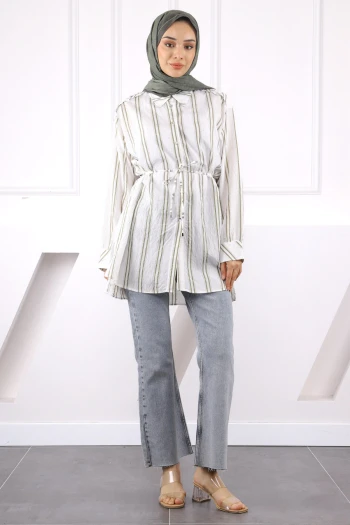Haki Taş Detaylı Çizgili Tunik
