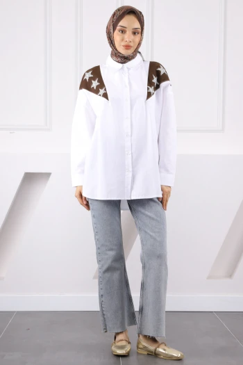 Kahverengi Garnili Taş Detaylı Gömlek