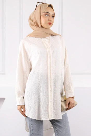 Krem Simli Çizgili Gofralı Tunik